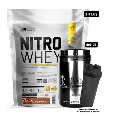 NITRO WHEY 5 KG (CHOCOLATE) + CREATINA KEVIN LEVRONE 500 GR + SHAKER