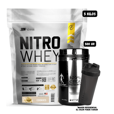 NITRO WHEY 5 KG (COOKIES) + CREATINA KEVIN LEVRONE 500 GR + SHAKER