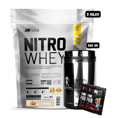 NITRO WHEY 5 KG (COOKIES) + CREATINA KEVIN LEVRONE 500 GR + 2 SACHET DE PRE ENTRENO