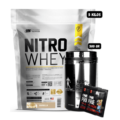 NITRO WHEY 5 KG (VAINILLA) + CREATINA KEVIN LEVRONE 500 GR + 2 SACHET DE PRE ENTRENO