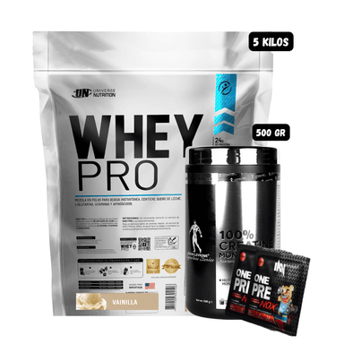 WHEY PRO 5 KG (VAINILLA) + CREATINA KEVIN LEVRONE 500 GR + 2 SACHET DE PRE ENTRENO