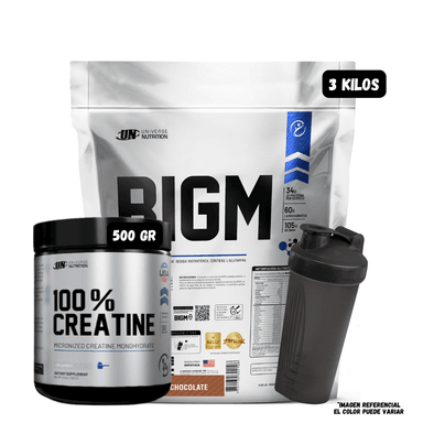 BIGM 3 KG (CHOCOLATE) + CREATINA UN 500 GR + 1 SHAKER