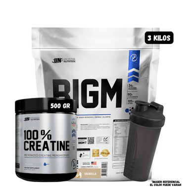 BIGM 3 KG (VAINILLA) + CREATINA UN 500 GR + 1 SHAKER