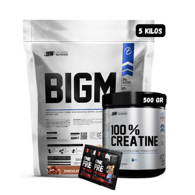 BIGM 5 KG (CHOCOLATE) + CREATINA UN 500 GR + 2 SACHET DE PRE ENTRENO