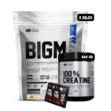 BIGM 3 KG (COOKIES) + CREATINA UN 500 GR + 2 SACHET DE PRE ENTRENO