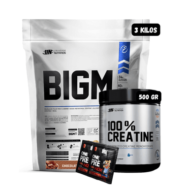 BIGM 3 KG (CHOCOLATE) + CREATINA UN 500 GR + 2 SACHET DE PRE ENTRENO