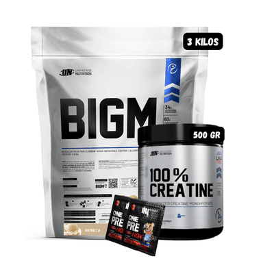 BIGM 3 KG (VAINILLA) + CREATINA UN 500 GR + 2 SACHET DE PRE ENTRENO