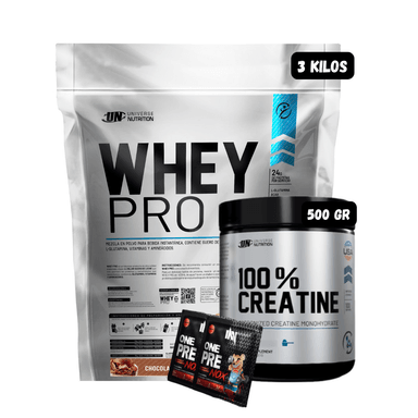 WHEY PRO 3 KG (CHOCOLATE) + CREATINA UN 500 GR + 2 SACHET DE PRE ENTRENO