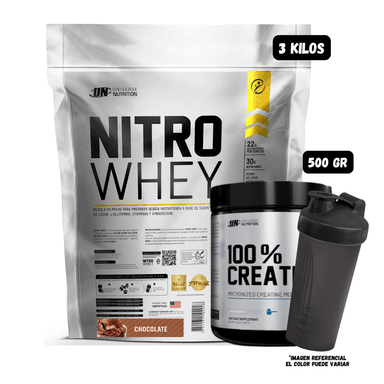 NITRO WHEY 3 KG (CHOCOLATE) + CREATINA UN 500 GR + 1 SHAKER