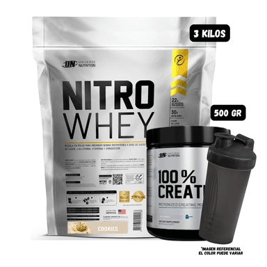 NITRO WHEY 3 KG (COOKIES) + CREATINA UN 500 GR + 1 SHAKER