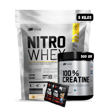 NITRO WHEY 5 KG (COOKIES) + CREATINA UN 500 GR + 2 SACHET DE PRE ENTRENO