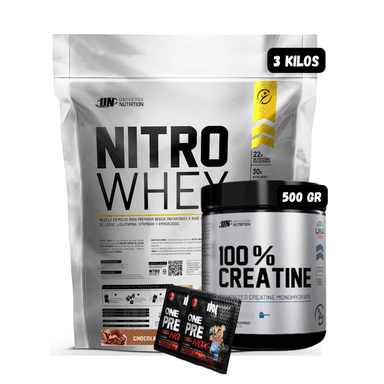 NITRO WHEY 3 KG (CHOCOLATE) + CREATINA UN 500 GR + 2 SACHET DE PRE ENTRENO