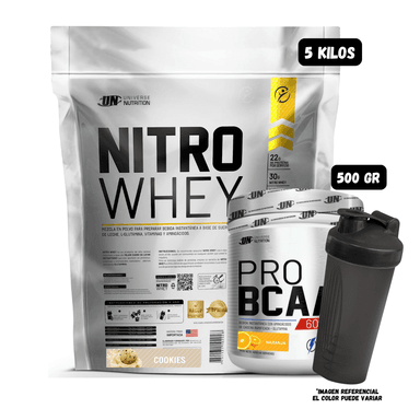 NITRO WHEY 5 KG (COOKIES) + BCAA'S 500 GR (NARANJA) + 1 SHAKER