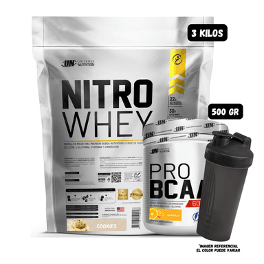 NITRO WHEY 3 KG (COOKIES) + BCAA'S 500 GR (NARANJA) + 1 SHAKER