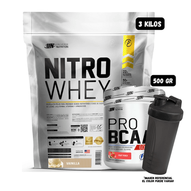 NITRO WHEY 3 KG (VAINILLA) + BCAA'S 500 GR (FRUIT PUNCH) + 1 SHAKER