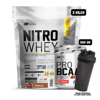 NITRO WHEY 3 KG (CHOCOLATE) + BCAA'S 500 GR (FRUIT PUNCH) + 1 SHAKER