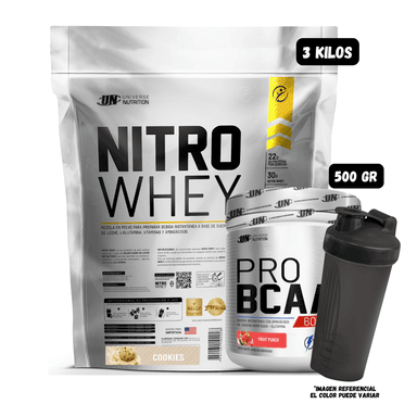 NITRO WHEY 3 KG (COOKIES) + BCAA'S 500 GR (FRUIT PUNCH) + 1 SHAKER