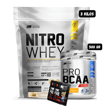 NITRO WHEY 3 KG (COOKIES) + BCAA'S 500 GR (NARANJA) + 2 SACHET DE PRE ENTRENO