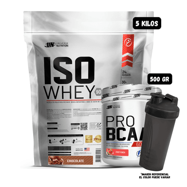 ISO WHEY 90 5 KG (CHOCOLATE) + BCAA'S 500 GR (FRUIT PUNCH) + 1 SHAKER