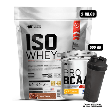 ISO WHEY 90 5 KG (CHOCOLATE) + BCAA'S 500 GR (NARANJA) + 1 SHAKER