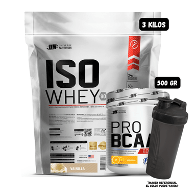 ISO WHEY 90 3 KG (VAINILLA) + BCAA'S 500 GR (NARANJA) + 1 SHAKER