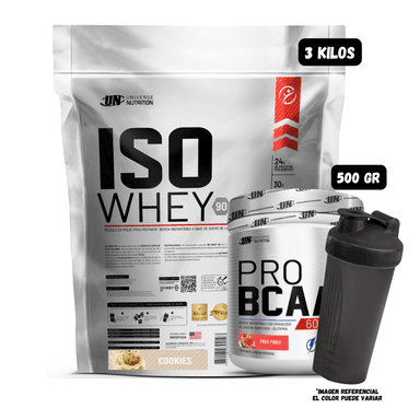 ISO WHEY 90 3 KG (COOKIES) + BCAA'S 500 GR (FRUIT PUNCH) + 1 SHAKER