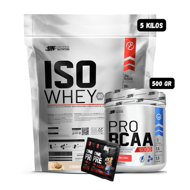 ISO WHEY 90 5 KG (COOKIES) + BCAA'S 500 GR (FRUIT PUNCH) + 2 SACHET DE PRE ENTRENO