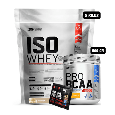 ISO WHEY 90 5 KG (VAINILLA) + BCAA'S 500 GR (NARANJA) + 2 SACHET DE PRE ENTRENO