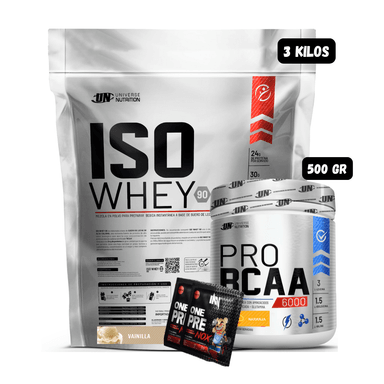 ISO WHEY 90 3 KG (VAINILLA) + BCAA'S 500 GR (NARANJA) + 2 SACHET DE PRE ENTRENO