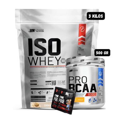 ISO WHEY 90 3 KG (COOKIES) + BCAA'S 500 GR (NARANJA) + 2 SACHET DE PRE ENTRENO