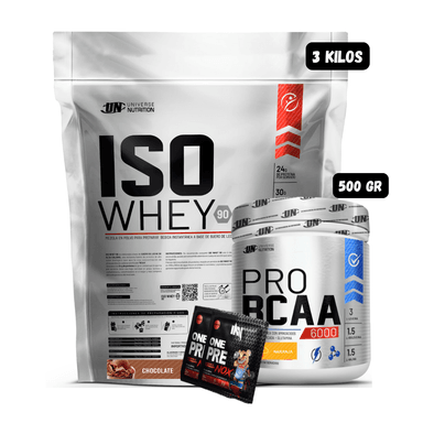 ISO WHEY 90 3 KG (CHOCOLATE) + BCAA'S 500 GR (NARANJA) + 2 SACHET DE PRE ENTRENO