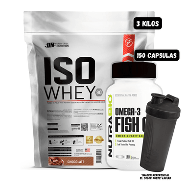 ISO WHEY 90 3 KG (CHOCOLATE) + OMEGA 3 (150 CAPSULAS) + 1 SHAKER