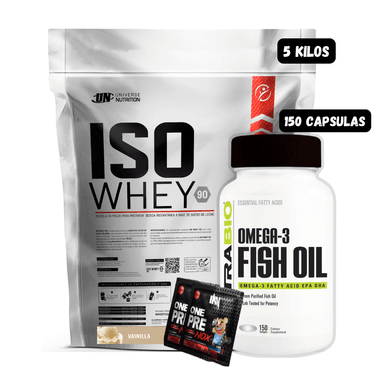 ISO WHEY 90 5 KG (VAINILLA) + OMEGA 3 (150 CAPSULAS) + 2 SACHET DE PRE ENTRENO
