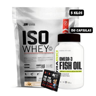 ISO WHEY 90 5 KG (COOKIES) + OMEGA 3 (150 CAPSULAS) + 2 SACHET DE PRE ENTRENO
