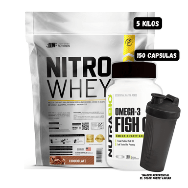 NITRO WHEY 5 KG (CHOCOLATE) + OMEGA 3 (150 CAPSULAS) + 1 SHAKER
