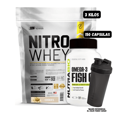 NITRO WHEY 3 KG (COOKIES) + OMEGA 3 (150 CAPSULAS) + 1 SHAKER