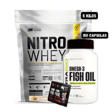 NITRO WHEY 5 KG (COOKIES) + OMEGA 3 (150 CAPSULAS) + 2 SACHET DE PRE ENTRENO