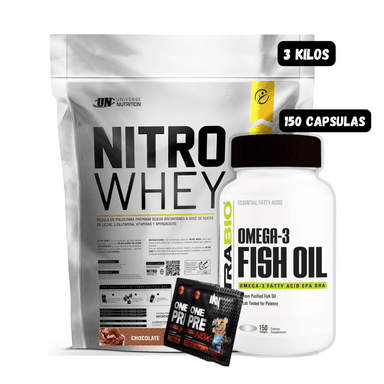 NITRO WHEY 3 KG (CHOCOLATE) + OMEGA 3 (150 CAPSULAS) + 2 SACHET DE PRE ENTRENO