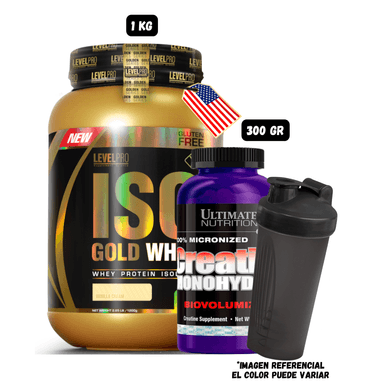 ISO GOLD WHEY 1.1 KG (VAINILLA) + CREATINA ULTIMATE NUTRITION 300 GRAMOS + 1 SHAKER