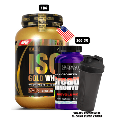 ISO GOLD WHEY 1.1 KG (CHOCOLATE) + CREATINA ULTIMATE NUTRITION 300 GRAMOS + 1 SHAKER