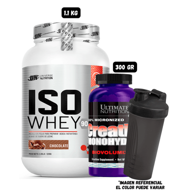 ISO WHEY 90 1.1 KG (CHOCOLATE) + CREATINA ULTIMATE NUTRITION 300 GRAMOS + 1 SHAKER