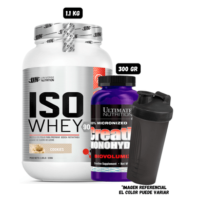 ISO WHEY 90 1.1 KG (COOKIES) + CREATINA ULTIMATE NUTRITION 300 GRAMOS + 1 SHAKER