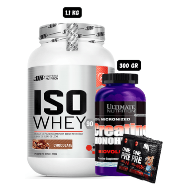 ISO WHEY 90 1.1 KG (CHOCOLATE) + CREATINA ULTIMATE NUTRITION 300 GRAMOS + 2 SACHET DE PRE ENTRENO