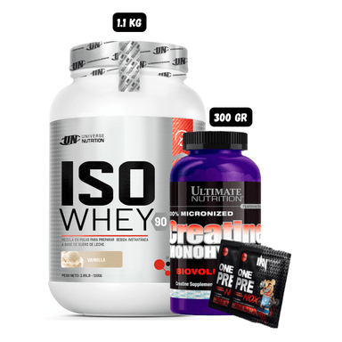 ISO WHEY 90 1.1 KG (VAINILLA) + CREATINA ULTIMATE NUTRITION 300 GRAMOS + 2 SACHET DE PRE ENTRENO
