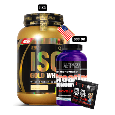 ISO GOLD WHEY 1.1 KG (VAINILLA) + CREATINA ULTIMATE NUTRITION 300 GRAMOS + 2 SACHET DE PRE ENTRENO