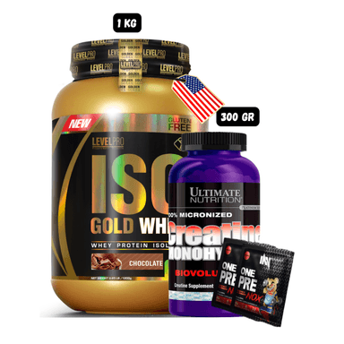 ISO GOLD WHEY 1.1 KG (CHOCOLATE) + CREATINA ULTIMATE NUTRITION 300 GRAMOS + 2 SACHET DE PRE ENTRENO