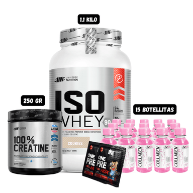 ISO WHEY 90 1.1 KG (COOKIES) + CREATINA UN 250 GR + 15 BOTELLITAS QUEMADORES XB + 2 SACHET DE PRE ENTRENO