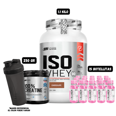 ISO WHEY 90 1.1 KG (CHOCOLATE) + CREATINA UN 250 GR + 15 BOTELLITAS QUEMADORES XB + 1 SHAKER