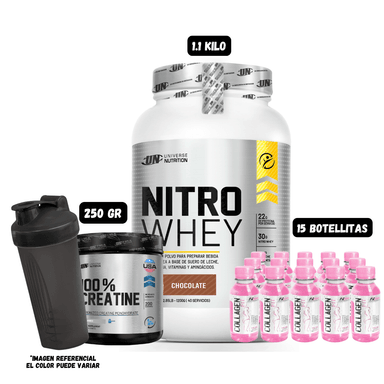 NITRO WHEY 1.1 KG (CHOCOLATE) + CREATINA UN 250 GR + 15 BOTELLITAS QUEMADORES XB + 1 SHAKER