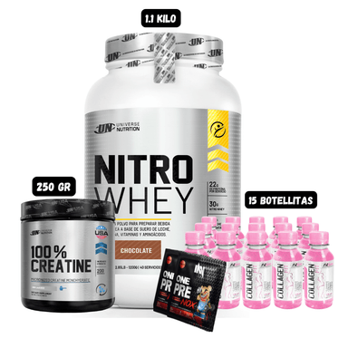 NITRO WHEY 1.1 KG (CHOCOLATE) + CREATINA UN 250 GR + 15 BOTELLITAS QUEMADORES XB + 2 SACHET DE PRE ENTRENO